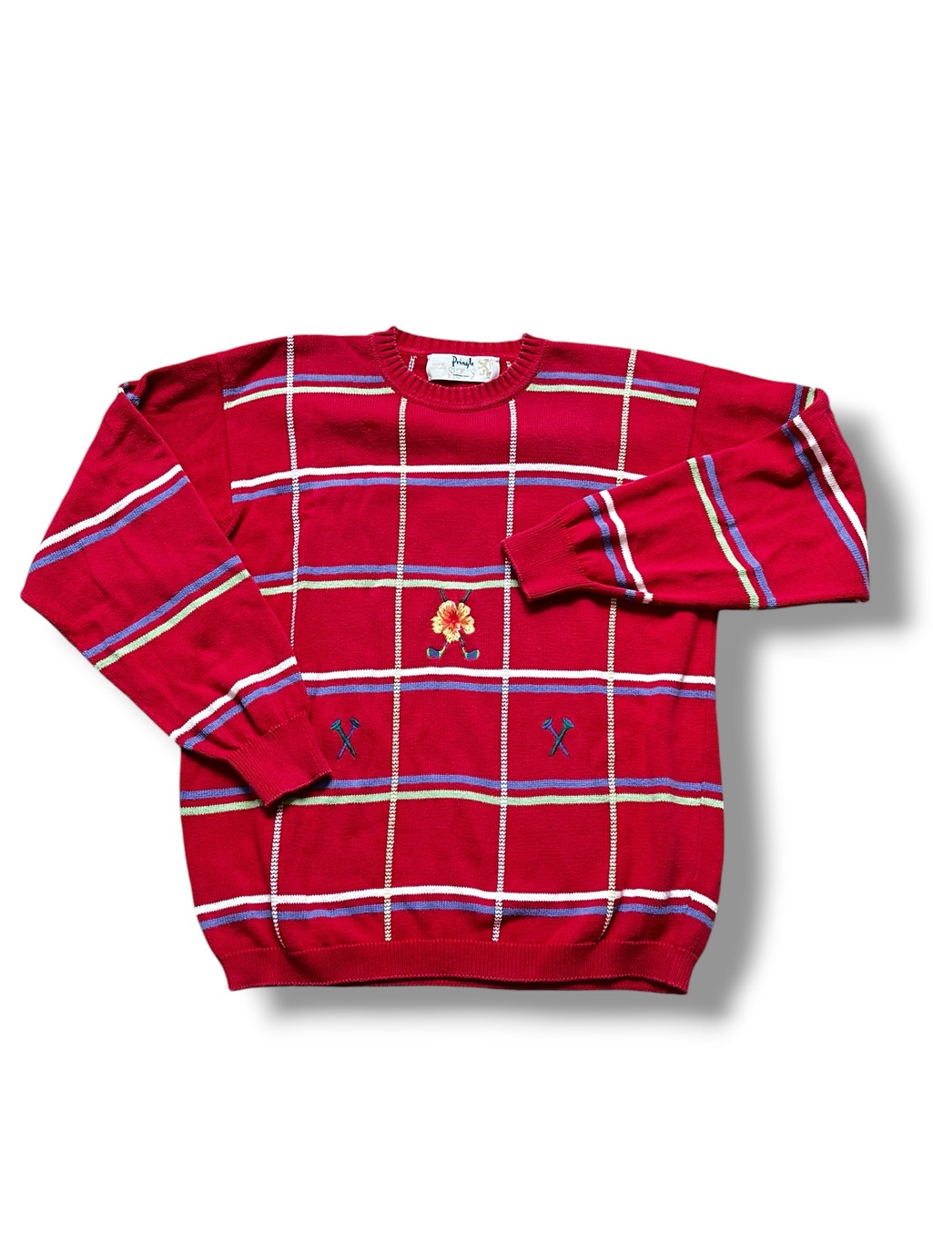 Pringle Scotland Golf Sweater Embroidered Plaid Cotton Womens Small Vintage